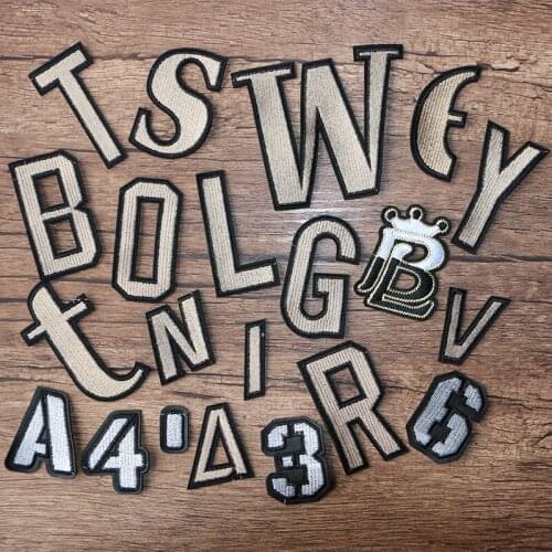 Gold and silver Number Letter "A" "W" "H" "R" Icon Embroidered Applique Patches for Clothing DIY Sew up Badge on the Backpack