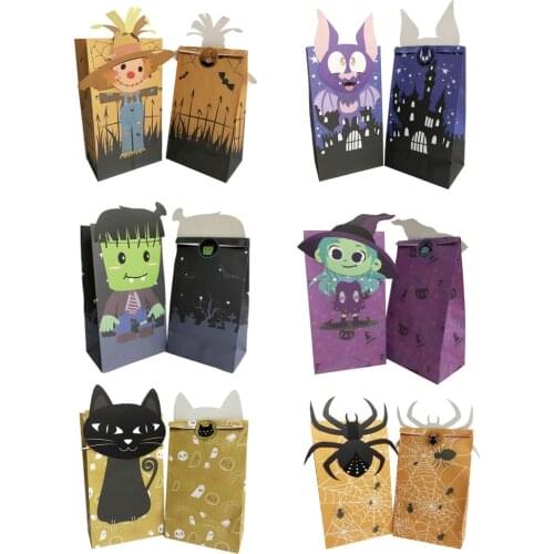 12PCS Happy Halloween Candy Bag Gift Cookie Bags Biscuits Snack Paper Packaging Bags With 3D Card Party Decoration Supplies