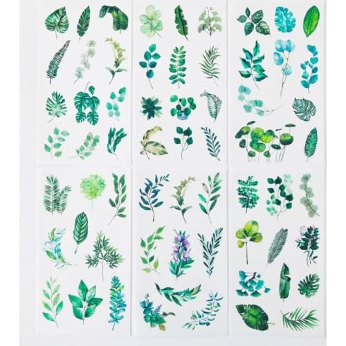 6 Sheets Summer Green Leaves Leaf Decorative Stickers Album Diary Stick Label Paper Decor Hand Account