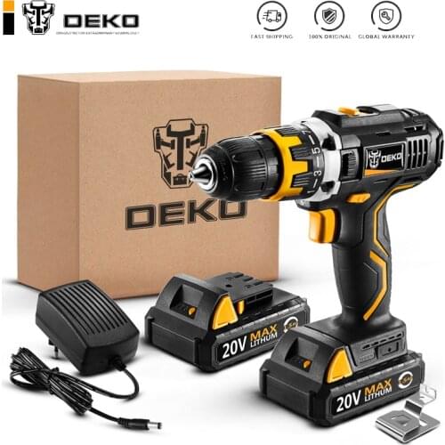 Original DEKO GCD20DU2 20V MAX Cordless Drill Electric Screwdriver Lithium-Ion Mini Power Driver Variable Speed LED 2 Battery