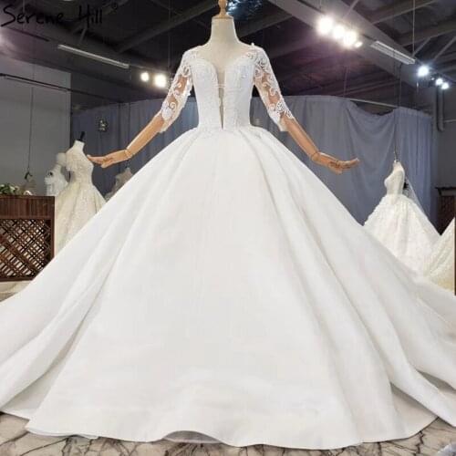 White Satin V-Neck Sexy Wedding Dresses 2021 Long Sleeves Beading High-end Bridal Gowns HX0255 Custom Made