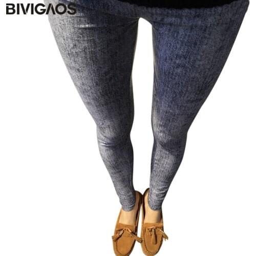 BIVIGAOS New Spring Fashion Womens High Elastic Fake Jeans Leggings Women Skinny Slim Jeggings BRUSHED Pants Women Blue Gray