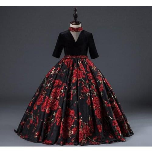 2019 Kids Girl Embroidery Flower Princess Dress Children Elegant Beads Trailing Vestido Children Pleated Formal Prom Gown Q700