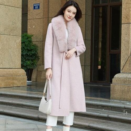 Elegant Autumn Winter Coat Women 100% Wool Coat Female Long Real Fox Fur Collar Jacket Korean Woolen Clothes Pink Overcoat 82116
