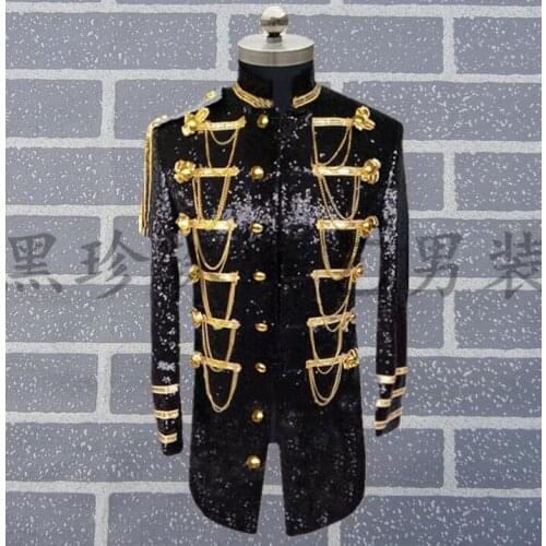 Personality male paillette suits mens blazers long design coat military costumes for singers men sequin blazer homme terno stage