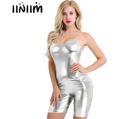 Women One Piece Shiny Patent Leather Spaghetti Stretch Slim Fit Short Leotard Short Dancing Playsuit Bodysuit Party Clubwear