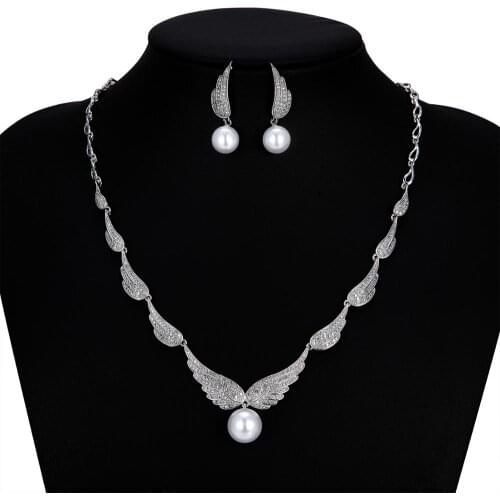 CZ Cubic Zirconia Pearls Bridal Wedding Angel Wings Necklace Earring Set Jewelry Sets for Women Prom Jewelry Accessories CN10250