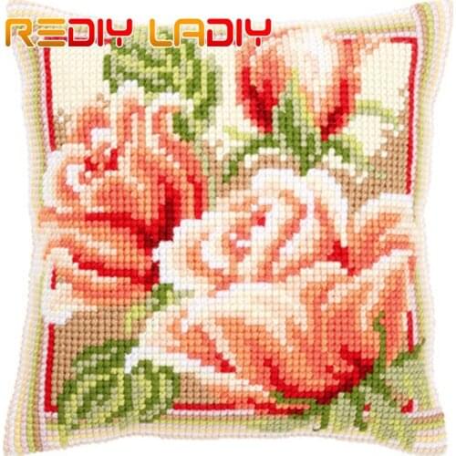 Cross Stitch Cushion Pink Rose Blue Poppy Chunky Yarn Cross-Stitch Kit Needlework Printed Canvas Pillow Home Decor Arts & Crafts