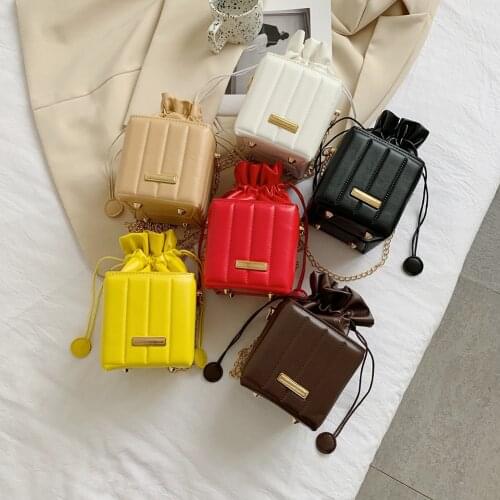 Fashion Womens Bag Solid Color Drawstring Summer PU Leather Shoulder Crossbody Bags for Women Casual Ladies Square Box Handbag