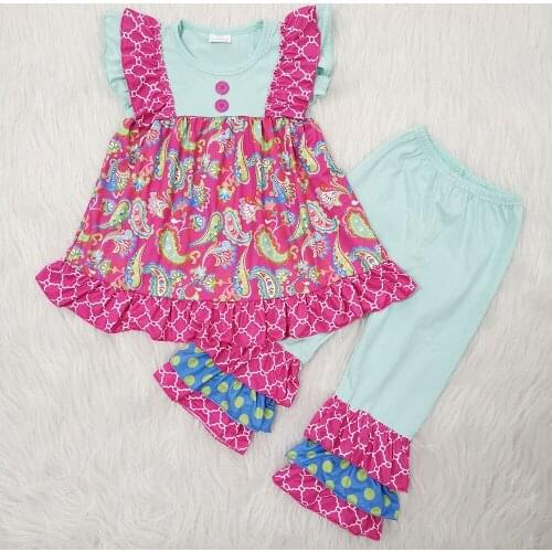 Boutique girl outfit cute pattern top and ruffle pants girl fashion o-neck outfit