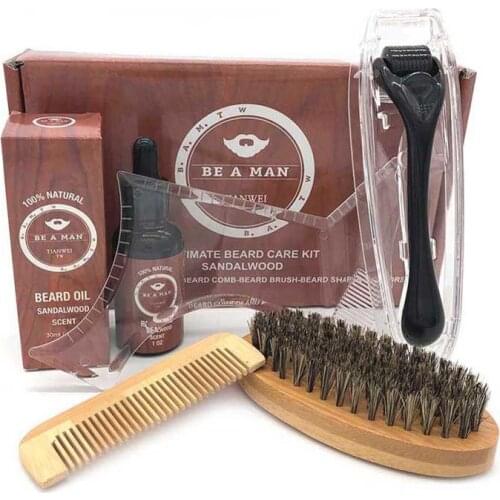 5 Pcs/ Set Mens Beard Care Set Comb Beard Oil Growth Roller Beard Essence Beard Grooming Tool Beard Care Kit