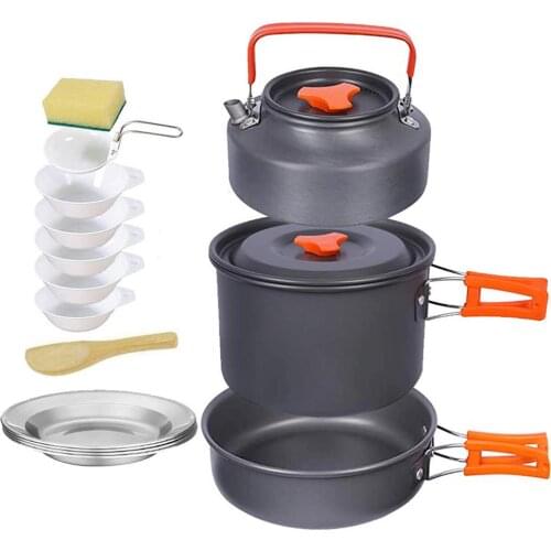 Outdoor Camping Tableware Set Backpacking Picnic 2 Pot 1 Kettle 5bowl Cookware Stackable Cooking Set Camping Equipment