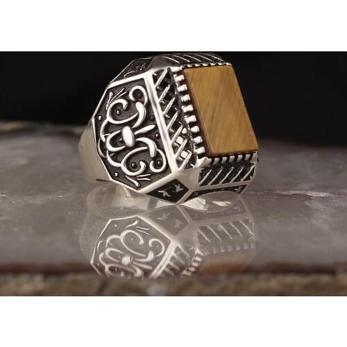 Natural Tigereye Stone 925 Silver Mens Ring Power Auspicious Ring Handmade Turkish Signet Rings Rock Jewelry Gift for Women Men