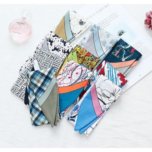 New arrived Multi-function printing small skinny scarf tied bag handle silk scarf ribbon ladies decorative headband small