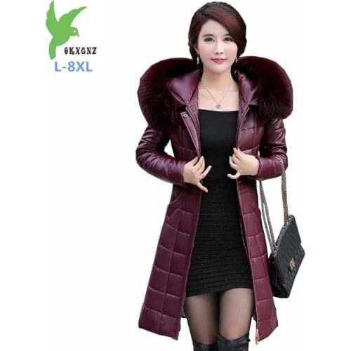 2020 Plus size L-8XL Winter Leather Parkas Women Down cotton Jackets Thicken Fur collar Hooded Coats Female Long Outerwear G374