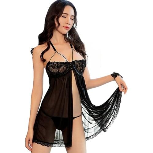Sexy Sleeveless Nighties Women Lace Nightgown Spaghetti Strap Nightdress Porn Female Home Wear Derss + Thongs