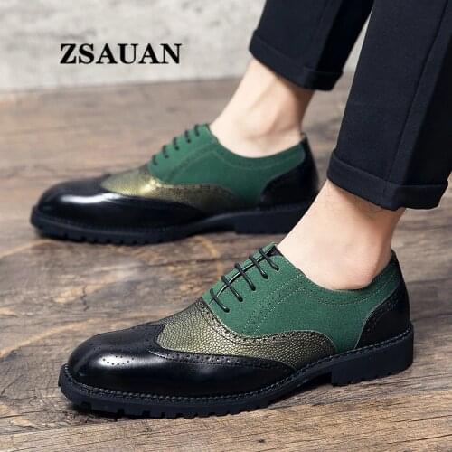 ZSAUAN Semi-formal PU Leather Mens Brogue Shoes Contrast Green Orange Nigeria Graceful Man Dress Shoes Big Size 46 47 48