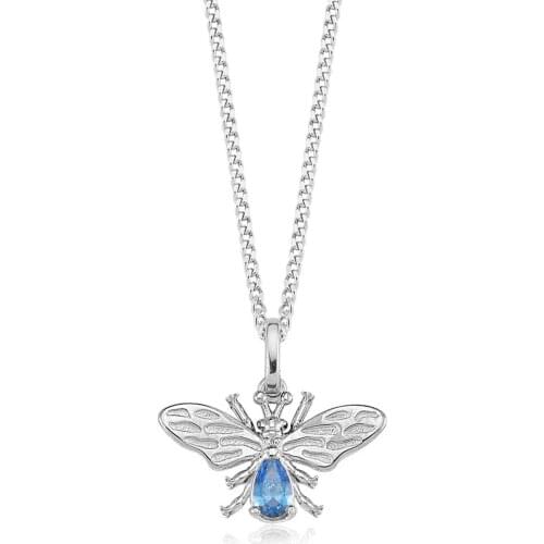 Valori Jewels Lucky Bee, Zirconia Fancy Blue Gemstone, Rhodium Plated, Sterling Silver Necklace