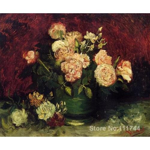 Modern art painting on canvas Bowl with Peonies and Roses hand painted Vincent Van Gogh artwork High quality