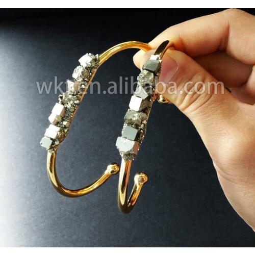 WT-B204 Wholesale fashion jewelry natural pyrite cuff bangles raw pyrite bracelet with 24k gold strim