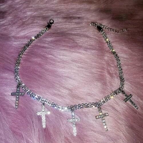 Goth Clothes Y2K Shiny Cross Pendant Necklace For Women Charms Choker Necklace Gossip Girl 90s Style Jewelry Aesthetic Gifts New