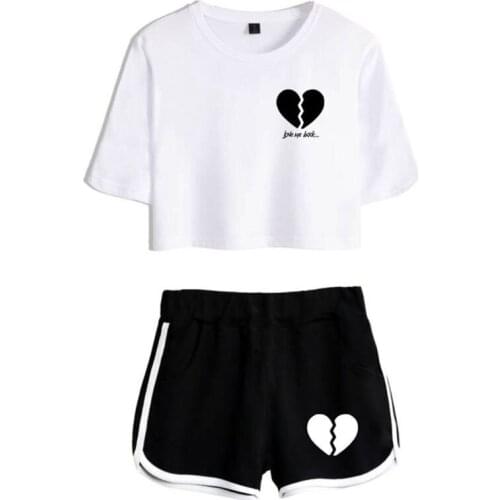Women Summer 2 Piece Outfit Short Sleeve Crop Top T-Shirt Dolphin Shorts Broken Heart Printed Internet Celebrity Fans Gift Track