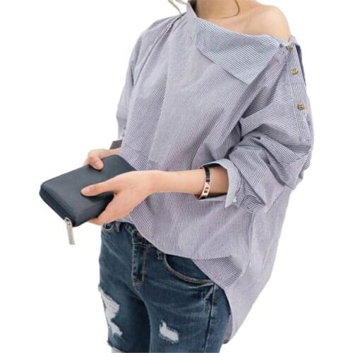 Spring Womens Shirt Sexy Slanted Collar Strapless Loose Striped Long Sleeve Bloues Office Clothes Street Casual Women Top 2021