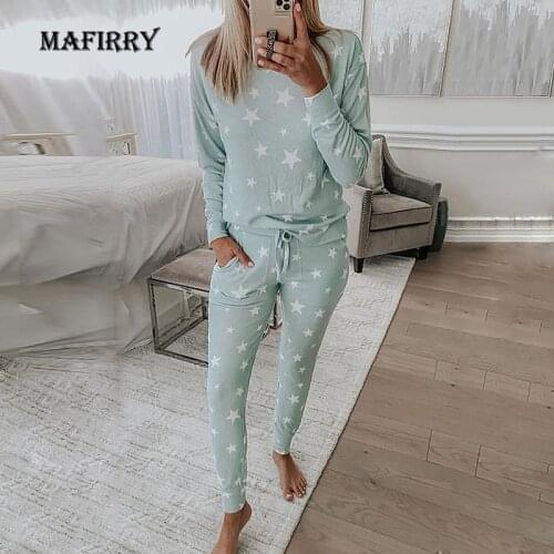 Women O-Neck Full Sleeve Homewear Pajamas Suits Autumn Casual Full Pants Star Printing Loungewear Sets Elastic Waist Streetwear