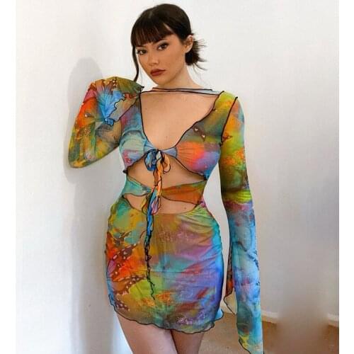 Women Y2K Tie Dye Butterfly Print Hollow Out Mini Dress V-neck Flare Sleeve Lace-up Bodycon Dress Summer Beach Nightclub Wear