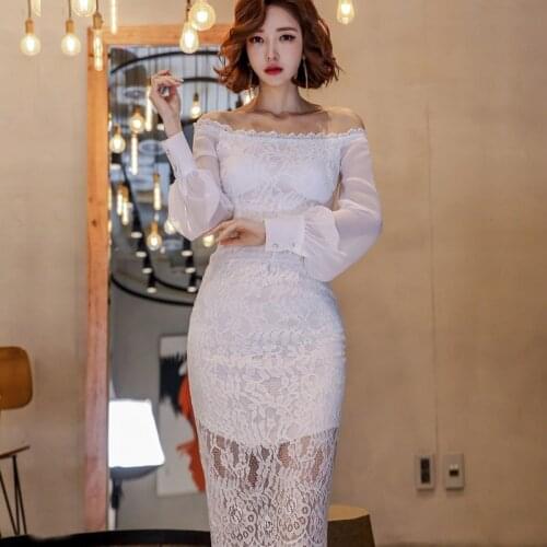 New Sexy Hollow Out White Lace Dress Women Spring Long Sleeve Slash Neck Off Shoulder Knee Length Dress Female Vestidos Skinny