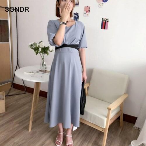 One-Piece V-Neck Short-Sleeved Solid Color Midi Dress 2021 Summer New Vintage Elegant Chiffon Dress Korean Office Ladies Dresses