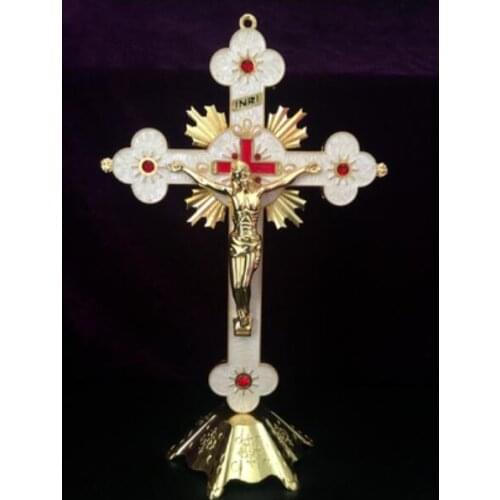 32cm European quality bright gold set with diamonds Jesus Cross as pendant decoration Catholic Christianity Sculpture statue