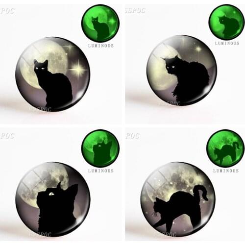 5pcs/set Fashion Black Cat Glowing Eyes Full Moon Photo Luminous Glass Dome Animal DIY Making Necklace Pendant Jewelry Gift