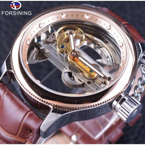 Forsining Rose Gold Bezel Brown Belt Full Transparent Luxury Classic Retro Men Automatic Skeleton Wrist Watch Top Brand Luxury