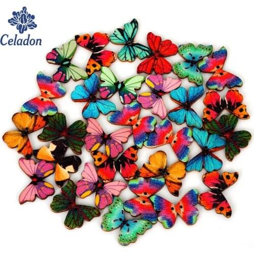 Hot Sale Retail 50Pcs Random Mixed Butterfly Wood Sewing Buttons 2 Holes Pattern Scrapbooking 28x21mm
