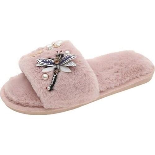 Faux Suede Home Women Full Fur Slippers Winter Warm Plush Bedroom Non-Slip Couples Shoes Indoor Ladies Furry Slippers