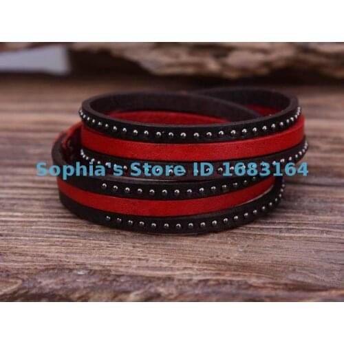 G85 Red Retro Rock Studs Double Wrap Top Grain Leather Wristband Bracelet Cuff Mens