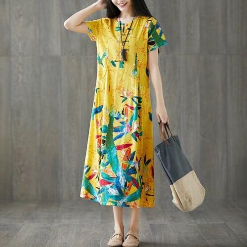 2019 Spring and Summer New Plus Size Print O-Neck Retro National Wind Long Sleeve Cotton Dress RE2472