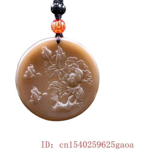 Brown Jade Butterfly Pendant Jadeite Gifts Women Chinese Necklace Amulet Natural Carved Fashion Flower Charm Jewelry for