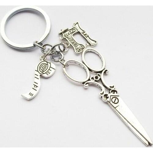 Retro Fashion Keychain Tailor Shop Scissors Sewing Machine Tape Measure Iron Clothing Designer Key Ring Tailored Gift Bijoux