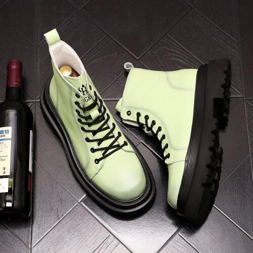 Autumn Fashion Black Green Leather Men Martin Shoes Hip Hop Motorcycle Shoes Ankle Boots High Tops Zapatillas Hombre