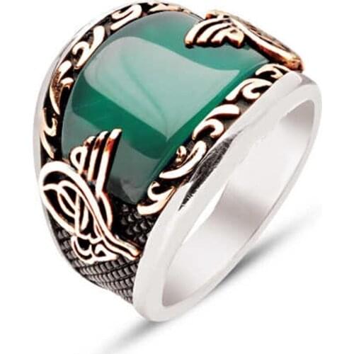 Silver Custom Cut Green Agate Stone Embroidered Men 'S Ring
