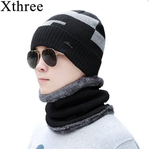 Xthree Winter Mens Skullies Beanies Hat Scarf Set Knitted Hat Cap Male Gorra Bonnet Warm Winter Hats For Men Women Beanies Hats