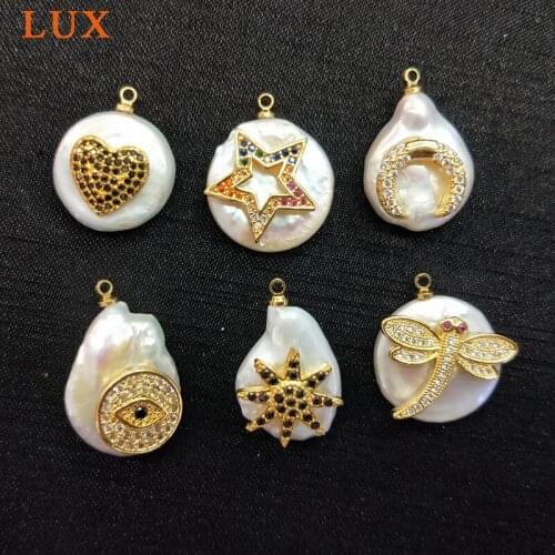Natural White Coin Pearl micro CZ pave copper charm gold color plated star heart moon shape Pearl Pendant DIY jewelry findings