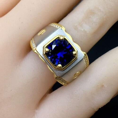 Newest man muscular power ring blue gem sapphire ring jewelry gift size 8 mm*8 mm blue color 925 silver golden color man gift
