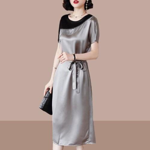 2021 New Summer Contrast Dress WomenS Korean Casual Temperament Waist Belt Over The Knee Mid-Length Skirt