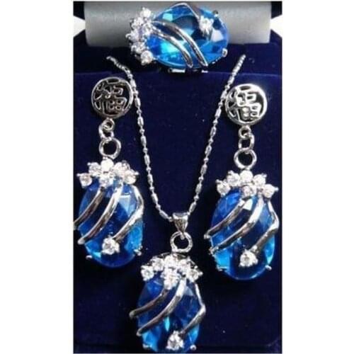 NEW FASHION blue Zircon pendant earrings ring 8# set18K gold plated watch wholesale Quartz stone CZ crystal Jewelry set