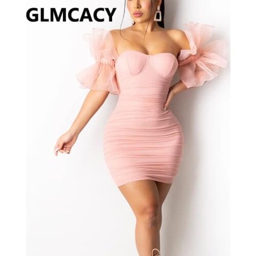 Ruffles Sleeve Off Shoulder Solid Bodycon Mini Dress Sweet Summer Party Dresses