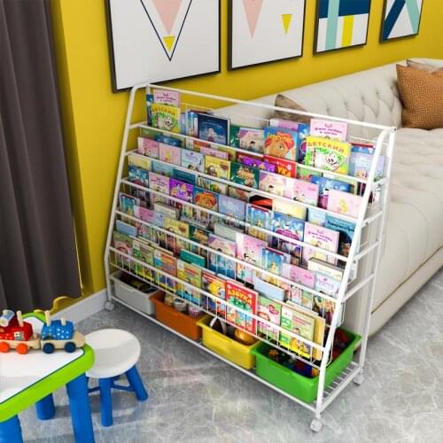 Mobile Bookshelf Wrought Iron Storage Racks Floor Student Bookcase Home Baby Picture Book Rack Simple Childrens Bookshelf