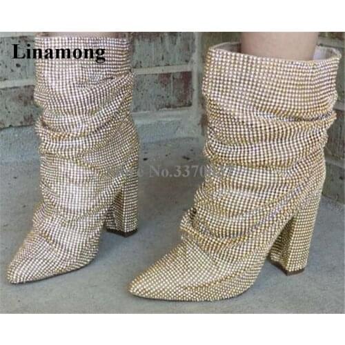 Luxurious Bling Bling Pointed Toe Rhinestone Chunky Heel Short Boots Gold Silver Black Crystal Slip-on Ankle Booties Dress Heels
